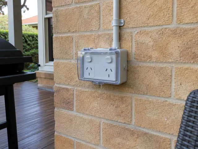 Outdoor double power point on a brick wall beside a timber deck in Gordon