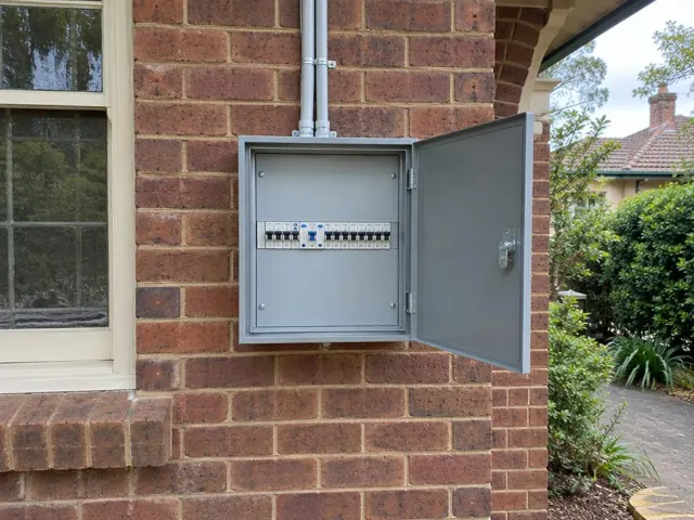 Open upgraded switchboard on a red brick exterior wall beside a window in Pymble